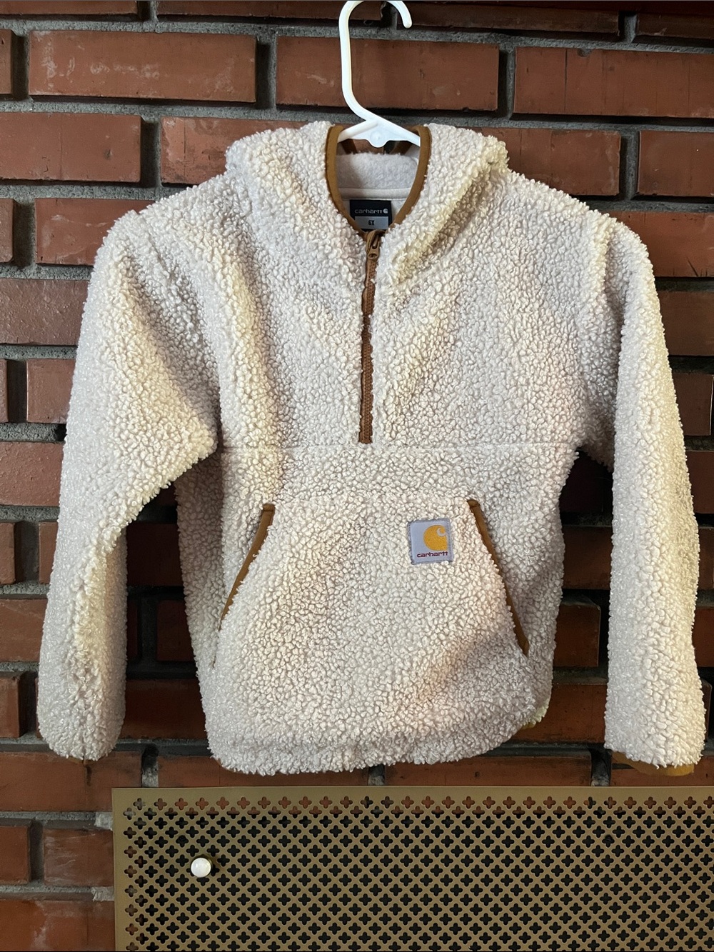 Carhartt Kids Cream Sherpa Half-Zip Pullover with Brown Trim